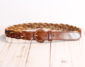 Copper Brown Braided Woven LIZ CLAIBORNE Vintage Genuine Leather Belt w Color Embroidered Detail / 90s Vibe / SMALL / 33.5in