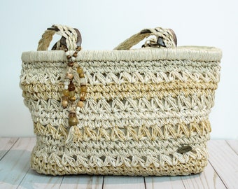 Natural CAPPELLI Woven Straworld Off White/Tan/Yellow Medium Shoulder Hand Bag / Beaded Accent / Boho 90s Vibe