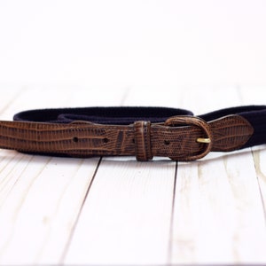 ARDEN Leather Co. Signed Vintage Navy Stretch & Genuine Leather Belt w/ Snake Skin Detailing / 90s Vibe / 42.5in