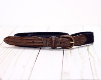 ARDEN Leather Co. Signed Vintage Navy Stretch & Genuine Leather Belt w/ Snake Skin Detailing / 90s Vibe / 42.5in