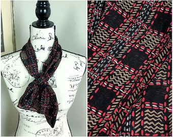 Red Brown Black Mid Century Vintage Print Polyester Scarf / Abstract Lines Pattern / 80s Vibe / 62in L