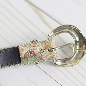 ELITE Floral Shimmery Vintage Leather & Fabric Belt w Notches / Silver-tone Buckle / 80s Vibes / MEDIUM 37in image 6