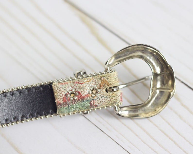 ELITE Floral Shimmery Vintage Leather & Fabric Belt w Notches / Silver-tone Buckle / 80s Vibes / MEDIUM 37in image 6