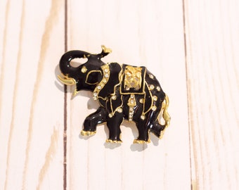 BLACK ELEPHANT Vintage Rhinestone & Pearl Gold-tone Brooch Pin Pendant w Black Enamel / Animal Safari