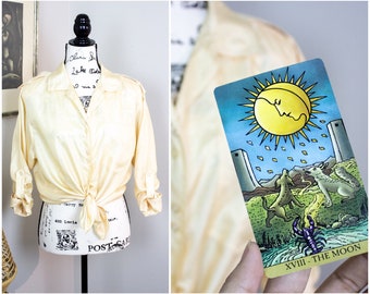 Shimmery Pastel Yellow Ashleigh Morgan Collared Long Sleeve Button Down Top with Button Details / MEDIUM / XVIII The Moon