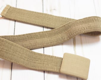 Vintage Tan // Army Green Stretch Belt w/ Rectangle Buckle at Front / Bunched Fabric & Elastic Cinch Waist / 27.5in