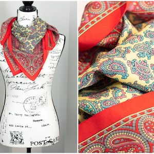 Red & Yellow FORENZA Vintage Bright Paisley Print Polyester Silk-like Scarf / Signed Italy / 80s 90s Vibe / Square 30in