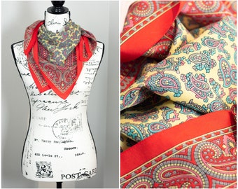 Red & Yellow FORENZA Vintage Bright Paisley Print Polyester Silk-like Scarf / Signed Italy / 80s 90s Vibe / Square 30in