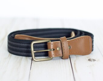 Vintage Black // Grey Striped Fabric Belt w Faux Leather Carmel Brown Buckle / 90s Vibe / 52in