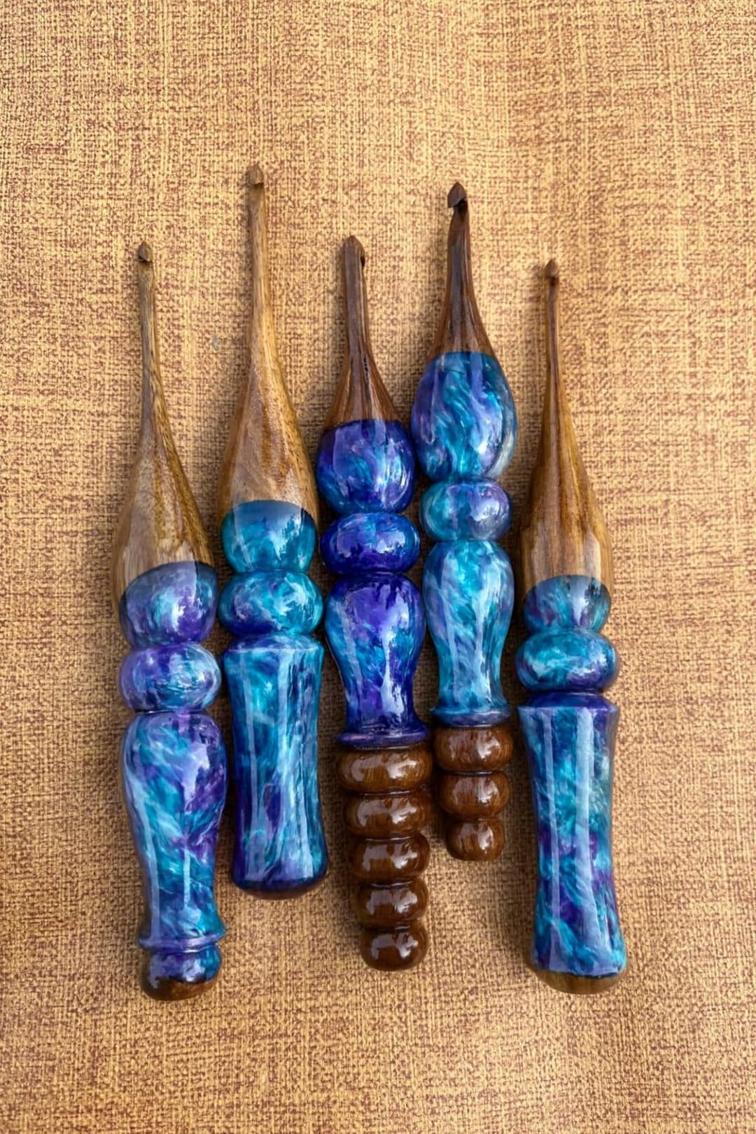 Unique Needles Handmade Blue Resin Crochet Set, Wooden Ergonomic Crochet Needles ...
