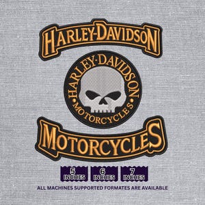 May include: Embroidered Harley-Davidson patches in gold and black. The design includes the Harley-Davidson logo, a skull, and the word "MOTORCYCLES". Available in 5, 6, and 7-inch sizes.