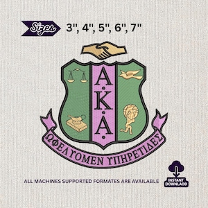 May include: Embroidered crest featuring the letters AKA in pink, with green and black accents. The crest includes symbols like scales, a bird, and a book. The text "Sizes 3", 4", 5", 6", 7"" is displayed above the crest. The crest is approximately 7.6 cm to 17.8 cm in size.