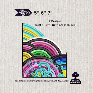 Puede incluir: Diseño bordado con un patrón de olas en capas en tonos azules, rosas, verdes y amarillos. Disponible en tamaños de 12,7 cm, 15,2 cm y 17,8 cm. El texto indica que se incluyen dos diseños.