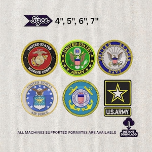 May include: Embroidered patches featuring U.S. military branch emblems, including Marine Corps, Army, Navy, Air Force, and Coast Guard. Patches are round or square, with sizes 4", 5", 6", and 7". The U.S. Army patch is black with a gold star.