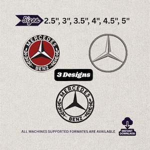 Op de afbeelding: Drie geborduurde Mercedes-Benz logo-ontwerpen in verschillende maten, variërend van 6,35 cm tot 12,7 cm. De logo's omvatten een rood en zwart embleem, een zilveren embleem en een zwart embleem. Tekst bevat "Maten", "3 Designs" en "Direct downloaden".