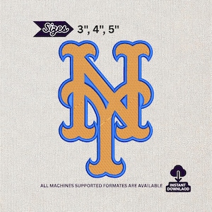 May include: An embroidered logo in orange and blue, featuring the letters "NY" in a stylized design. The logo is available in 3", 4", and 5" sizes. The text "ALL MACHINES SUPPORTED FORMATES ARE AVAILABLE" and "INSTANT DOWNLAOD" are also present.