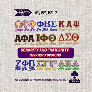 May include: Digital design featuring sorority and fraternity Greek letters in various colors. Includes sizes 4", 5", 6", and 7". The text "SORORITY AND FRATERNITY INSPIRED DESIGNS" is also present. Instant download available.