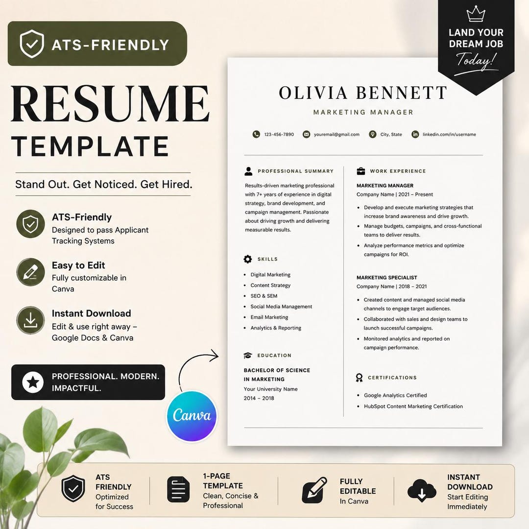 ATS Friendly Resume Template | Modern CV + Cover Letter | Editable in ...