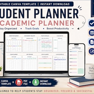 May include: An editable digital student planner template featuring a laptop screen displaying various academic tracking pages, a tablet showing a cover, and a smartphone with a weekly schedule. Includes icons for 50+ pages, undated layouts, and Canva editing.