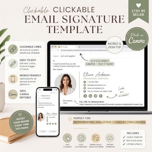 May include: A digital email signature template displayed on a laptop and smartphone. The template includes clickable links, is easy to edit, and mobile-friendly. The design is customizable and works on all email platforms. Text on the image reads "Clickable Email Signature Template."