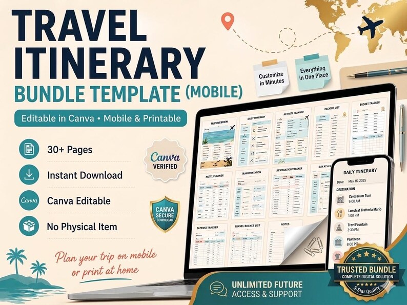 Travel Itinerary Template Bundle, Editable in Canva, Mobile & Printable ...