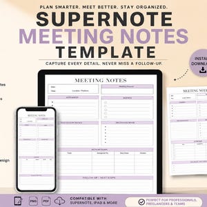 Może przedstawiać: Cyfrowy szablon notatek ze spotkań, zatytułowany "Supernote Meeting Notes Template", wyświetlany na tablecie, telefonie i wydrukowanych arkuszach. Projekt jest minimalistyczny z fioletowo-białą kolorystyką i zawiera sekcje na notatki strukturalne.