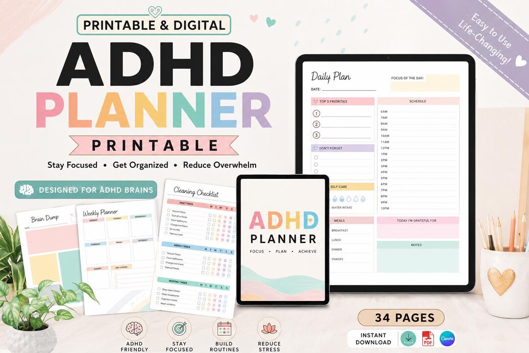 ADHD Planner Printable Bundle | Daily Weekly Monthly Organizer ...
