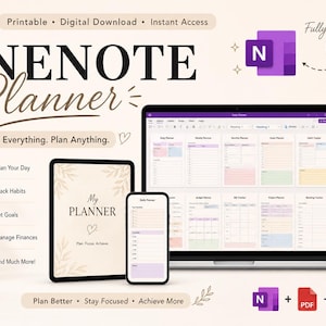 May include: A digital planner displayed on a laptop, tablet, and smartphone. The planner is labeled "ONE NOTE Planner" and includes sections for daily planning, habit tracking, goal setting, and finance management. The image also includes the text "Plan Better, Stay Focused, Achieve More."