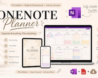 Könnte beinhalten: Ein digitaler Planer, angezeigt auf einem Laptop, Tablet und Smartphone. Der Planer trägt die Bezeichnung "ONE NOTE Planner" und enthält Abschnitte für Tagesplanung, Gewohnheitsverfolgung, Zielsetzung und Finanzverwaltung. Der Text "Plan Better, Stay Focused, Achieve More" ist ebenfalls enthalten.