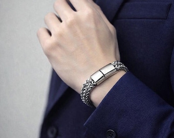 Men's Stainless Steel Bracelet, Braided Chain, Magnetic Clasp, Gift for Him