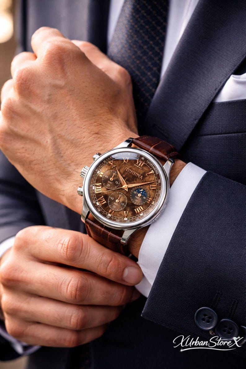 May include: A close-up of a Geneva watch with a brown leather band. The watch face is brown with silver accents and Roman numerals. The watch is on a wrist, and the person is wearing a dark suit.