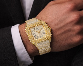 Iced Out Diamond Spike Watch for Men – Luxury Hip Hop Bling Wristwatch