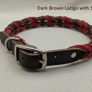 May include: A braided collar featuring dark brown latigo leather and soft red leather strands. The collar includes a silver-toned metal buckle, a D-ring, and a single metal rivet. The text Dark Brown Latigo with Soft Red is visible.