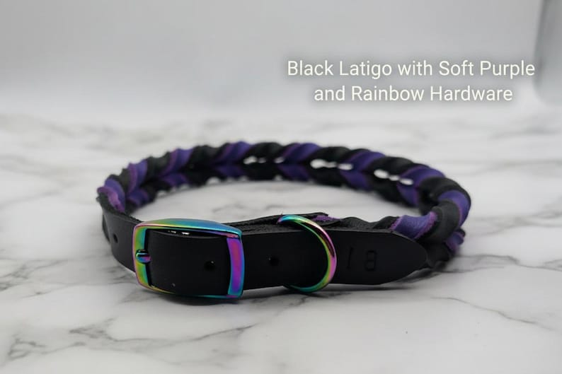May include: A braided collar made of black and soft purple leather featuring iridescent rainbow-colored metal hardware, including a buckle and a D-ring. The text Black Latigo with Soft Purple and Rainbow Hardware is visible above the collar.