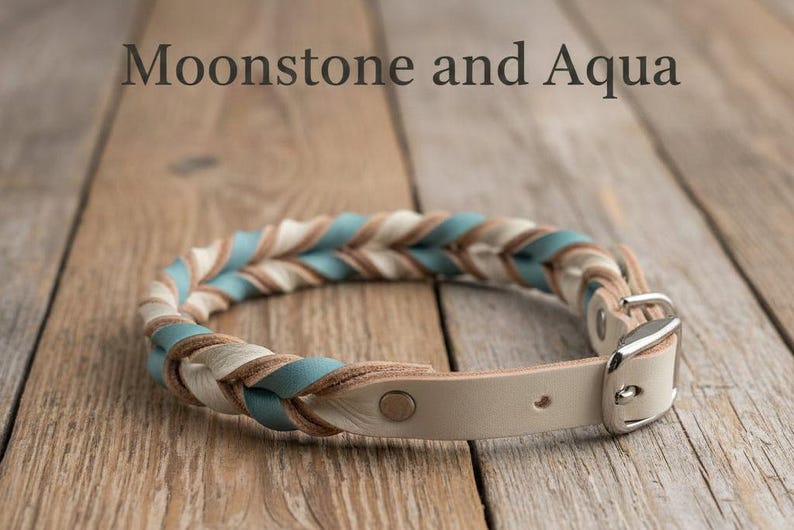 May include: A braided collar featuring alternating strands of light blue, cream, and tan leather. The collar includes a silver-toned metal buckle and a smooth leather strap section. The text Moonstone and Aqua is visible above the collar.