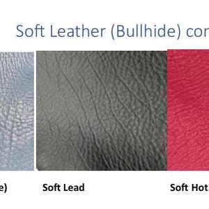 May include: Three swatches of soft bullhide leather displayed side by side. The colors are labeled as Soft Cobalt (Gray Blue), Soft Lead, and Soft Hot Pink. The text at the top reads Soft Leather (Bullhide) cont. Each swatch shows a textured surface.