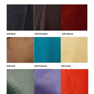 May include: A grid of nine bullhide leather swatches labeled Soft Black, Soft Chocolate, Soft Tobacco, Soft Sand, Soft Turquoise, Soft Cream, Soft Dark Green, Soft Purple, and Soft Red. Each swatch displays a distinct color and textured surface.