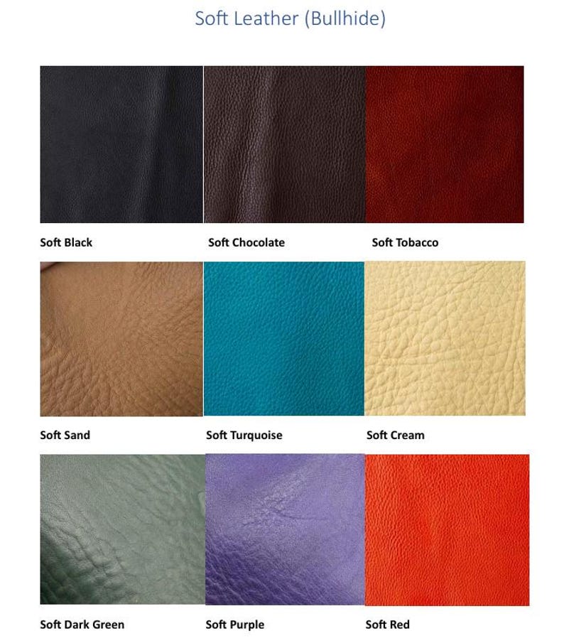 May include: A grid of nine bullhide leather swatches labeled Soft Black, Soft Chocolate, Soft Tobacco, Soft Sand, Soft Turquoise, Soft Cream, Soft Dark Green, Soft Purple, and Soft Red. Each swatch displays a distinct color and textured surface.