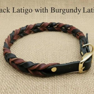 May include: A braided collar featuring black and burgundy latigo leather strands. The collar includes a gold-toned metal buckle and a single gold-toned rivet. The text Black Latigo with Burgundy Latigo is visible above the collar.