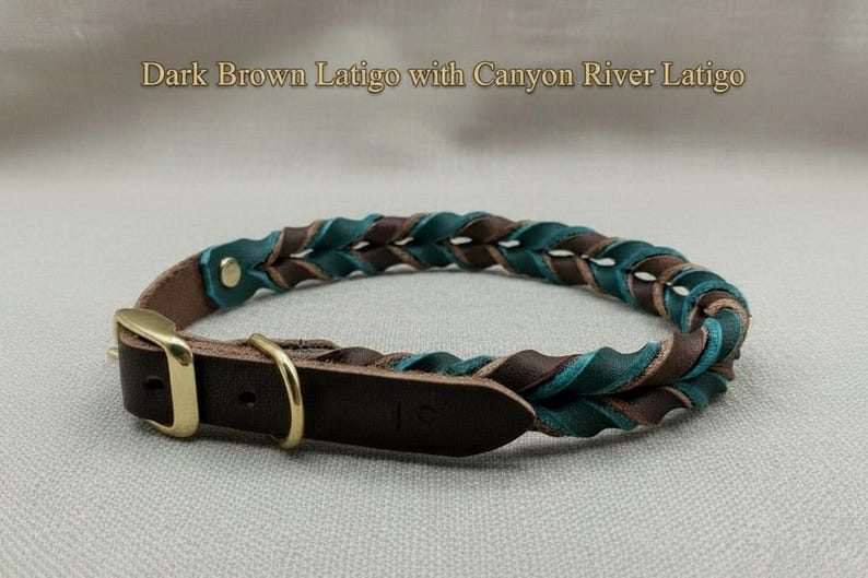 May include: A braided leather collar featuring dark brown and canyon river teal latigo leather strands. The collar includes a gold-toned metal buckle and a D-ring, with the text Dark Brown Latigo with Canyon River Latigo displayed above.