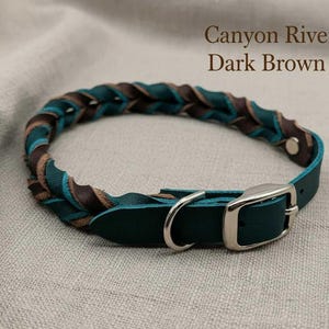 May include: A braided leather collar featuring teal and dark brown strands, labeled Canyon River with Dark Brown Latigo. The collar includes a silver-toned metal buckle and a D-ring attachment for secure fastening, showcasing a woven design.