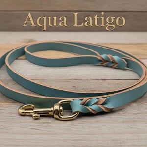 Puede incluir: Una correa de cuero color aguamarina enrollada con el reverso en tono bronceado natural y detalles trenzados en los extremos. La correa cuenta con un gancho giratorio de metal dorado pulido. El texto Aqua Latigo aparece en fuente serif.