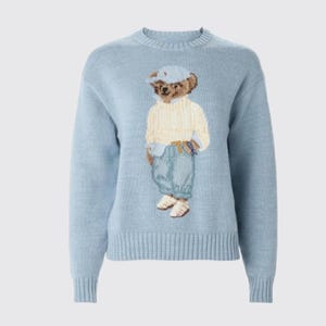 Może przedstawiać: Jasnoniebieski sweter z motywem misia. Miś ma na sobie jasnoniebieską czapkę, kremową koszulę i jasnoniebieskie spodnie. Sweter ma długie rękawy i okrągły dekolt. Wzór misia jest w odcieniach brązu.