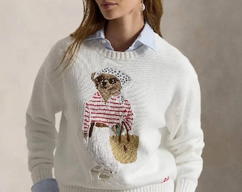 Authentic Ralph Lauren White Polo Bear Sweater | Iconic Bear Design Jumper
