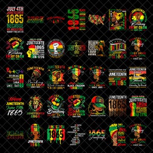 May include: A selection of Juneteenth-themed graphic designs. The designs include text like "Juneteenth 1865" and "Breaking Every Chain," alongside images of Black figures, fists, and a map of the United States. The colour scheme features red, yellow, green, and black.