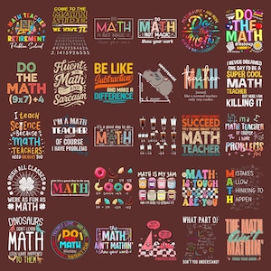 Może przedstawiać: Kolekcja wzorów o tematyce matematycznej z różnymi cytatami i ilustracjami. Wzory zawierają frazy takie jak "Do the Math", "Math Teacher" i "Math is my Jam", w różnych czcionkach i kolorach.