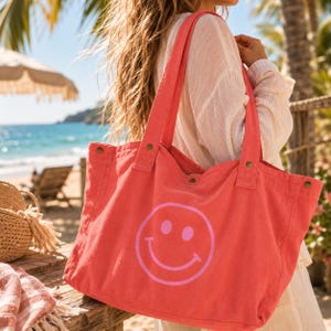 Große Strandtasche mit Smiley aus Baumwolle mit personalisierbarer Rückseite - Einkaufstasche groß - Tasche Einkaufen Strand Urlaub Geschenk