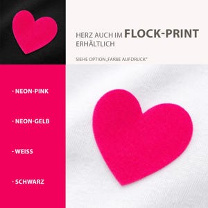 Może przedstawiać: Neonowo r&oacute;żowy kształt serca na czarnym i białym tle. Obraz zawiera tekst "HERZ AUCH IM FLOCK-PRINT ERH&Auml;LTLICH" oraz opcje kolor&oacute;w: NEON-PINK, NEON-GELB, WEISS i SCHWARZ.