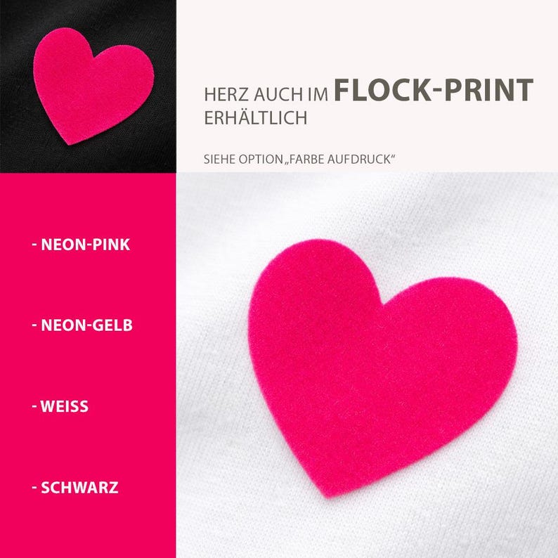 Może przedstawiać: Neonowo r&oacute;żowy kształt serca na czarnym i białym tle. Obraz zawiera tekst "HERZ AUCH IM FLOCK-PRINT ERH&Auml;LTLICH" oraz opcje kolor&oacute;w: NEON-PINK, NEON-GELB, WEISS i SCHWARZ.