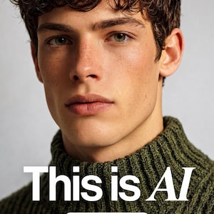 Peut inclure: Gros plan d'une personne portant un pull à col roulé vert foncé. Le texte "This is AI" est affiché en grandes lettres blanches, avec un petit bouton en dessous indiquant "SEE FOR YOURSELF". La personne a les cheveux bruns bouclés et les yeux verts.